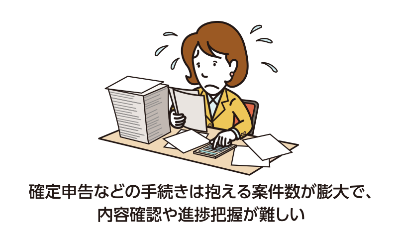 確定申告などの手続きは抱える案件数が膨大で、内容確認や進捗把握が難しい